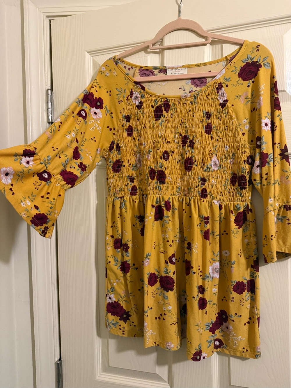 Bobbie Brooks Mustard Yellow Floral Smocked Tunic Top